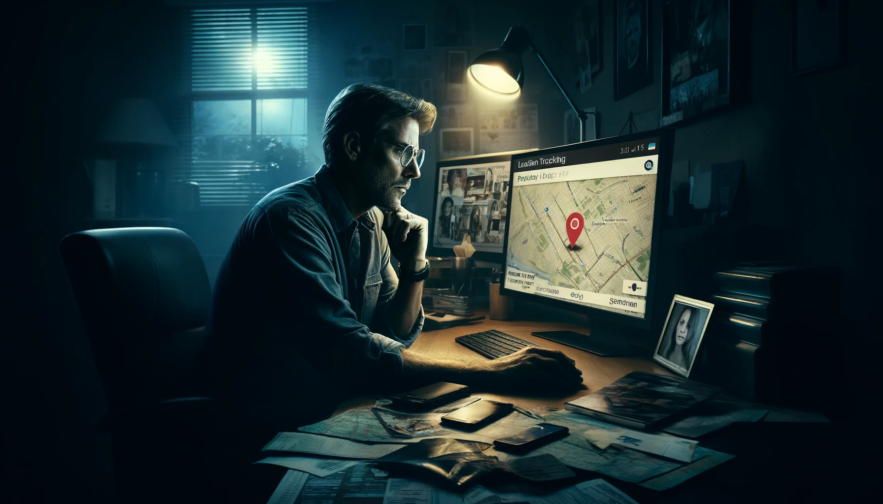a father in his home office surrounded by maps and digital data on screens, searching for his daughter.