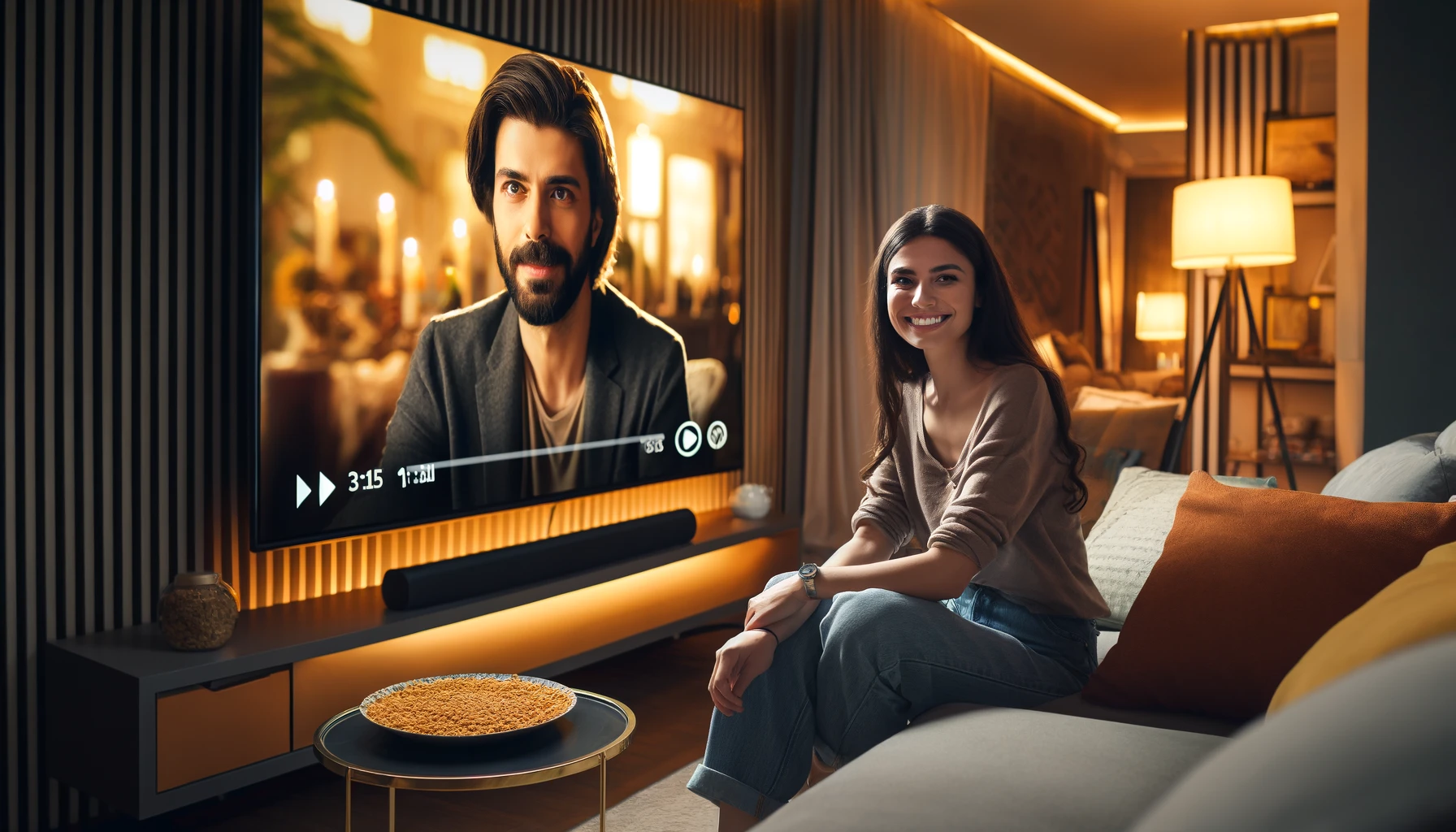 a young woman is sitting comfortably on a modern couch in a cozy living room, enjoying her show on a large flat-screen TV.
