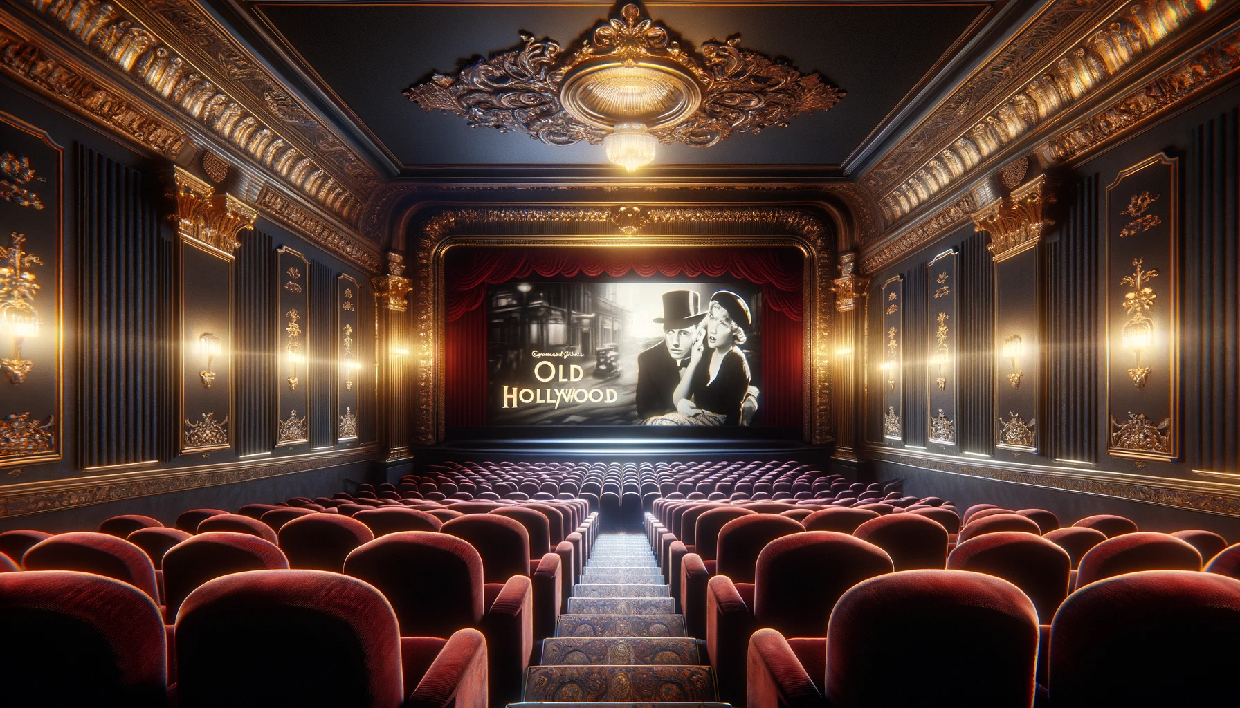 a 1940s movie theater with plush red velvet seats and ornate golden decorative elements, creating a nostalgic atmosphere.