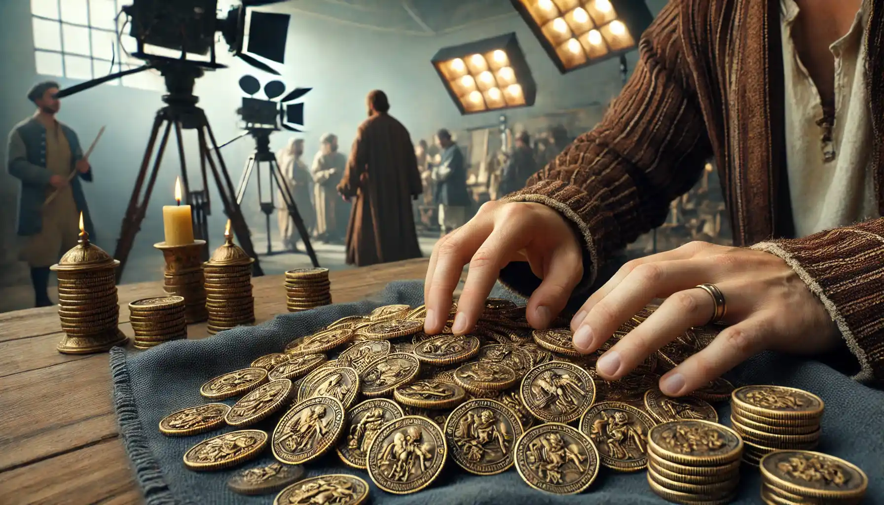 A prop master on a movie set is carefully inspecting a collection of fake coins. 